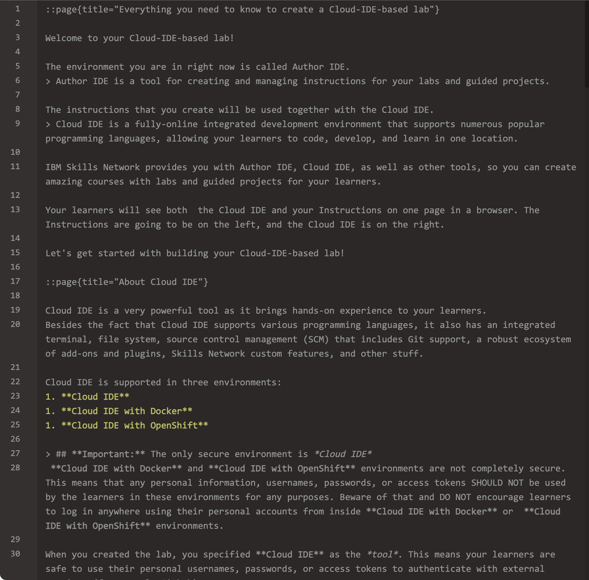 The legacy SkillsNetwork Author IDE — Markdown editor on the left, live preview on the right.