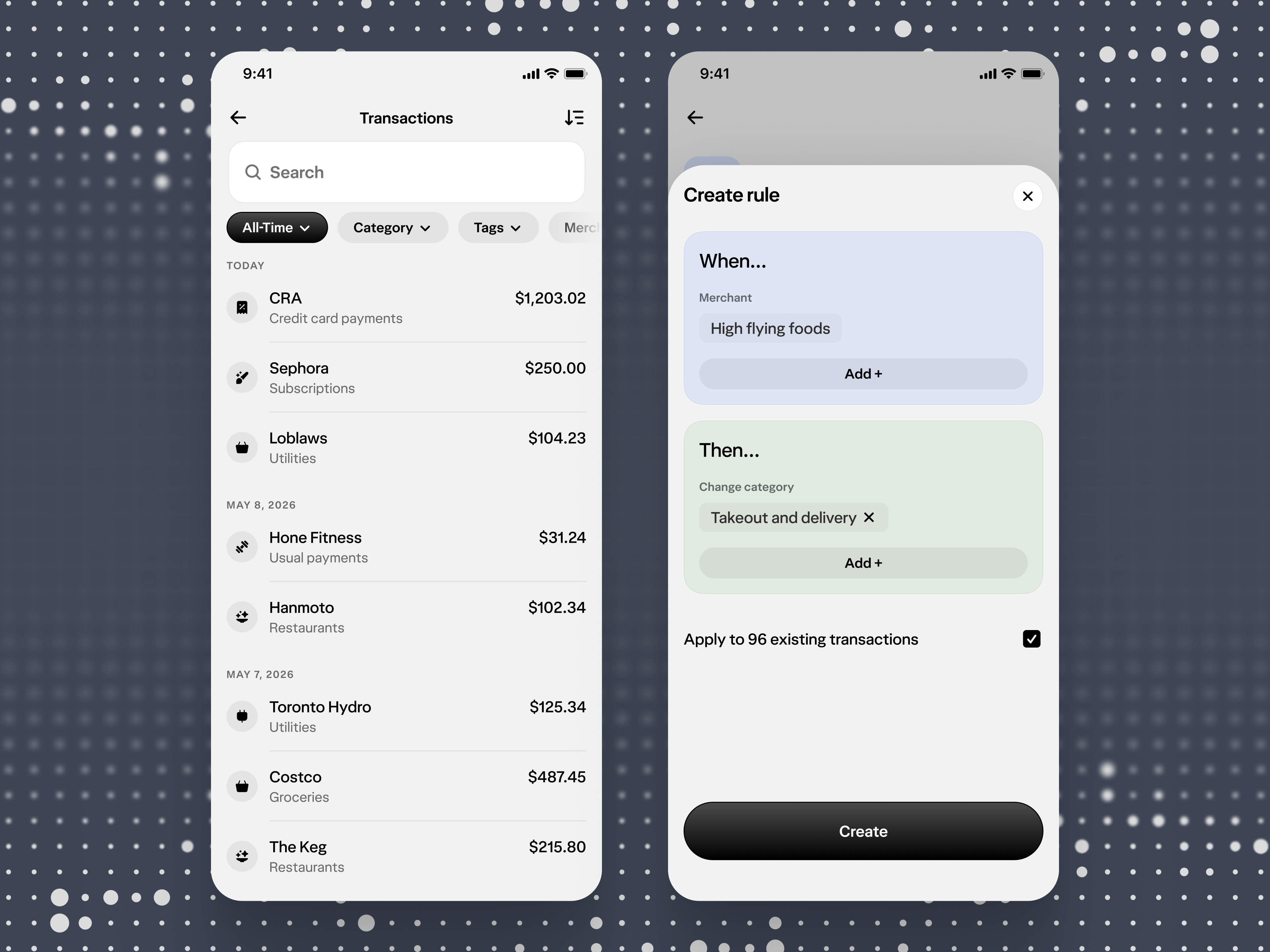 The Spend Insights view showing rules and filters applied across a month of activity.